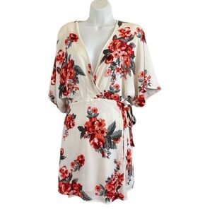 Lulu's Floral Kimono Lined Mini Wrap Dress Red Coral Cream Off White Size XL